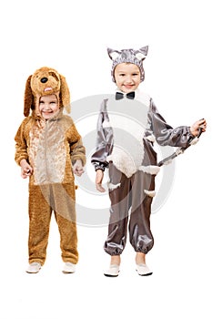 Funny boys dressed as a cat and dog