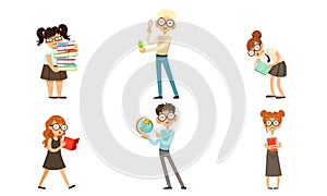 Funny Boys and Girls Nerds Collection, Smart School Children Cartoon Characters Vector Illustration on White Background