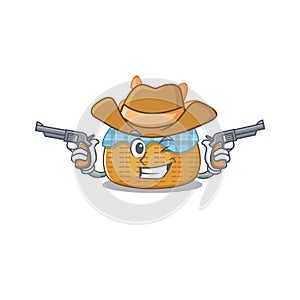 Funny bread basket as a cowboy cartoon character holding guns