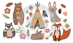 Funny breeding animals. Forest animal cub, cute wild fox, bear and cute hare, funny owl.