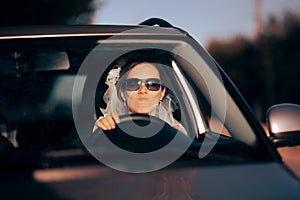 Funny Bride Wearing Sunglasses Being Stuck in Traffic