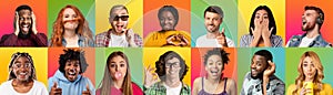 Funny bright emotions of different people, headshots of diverse young men and women on colorful background