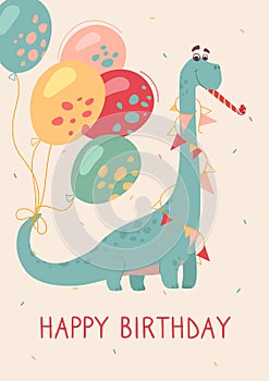Funny brontosaurus on a greeting card. Dino plays a festive melody. Feast of dinosaurs, buntings and balloons. Funny