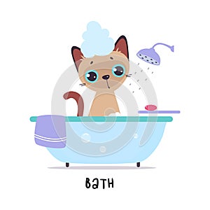 Funny Brown Cat Bathing in Bathtub as English Verb for Educational Activity Vector Illustration