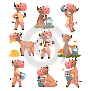 Funny brown cow in different situations set, farm animal cartoon character vector Illustration