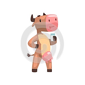Funny brown cow with glass of milk, farm animal cartoon character vector Illustration