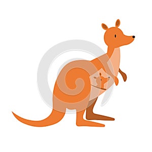 Funny brown kangaroo with cute baby and red heart. Australian marsupials hand drawn vector illustration. Animals