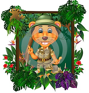 Funny Brown Lion In Forest With Tropical Plant Flower In Wood Square Frame Cartoon