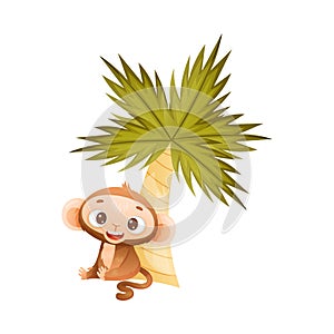Funny Brown Monkey with Prehensile Tail Sitting Under Palm Tree Vector Illustration