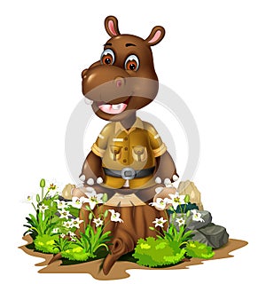 Funny Brown Tapir With Wood Tree, Rock, And White Ivy Flower Cartoon