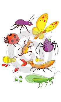 Funny bug set. Collection happy cartoon insects. Colorful hand drawn illustration.