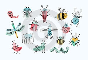 Funny bug set. Collection happy cartoon insects. Colorful hand drawn illustration.