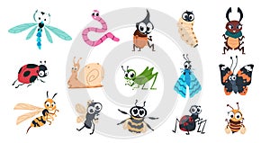 Funny bugs. Cartoon cute insects with faces, caterpillar butterfly bumblebee spider colorful characters. Vector