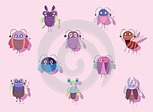 funny Bugs insect animal with wings cartoon icons set