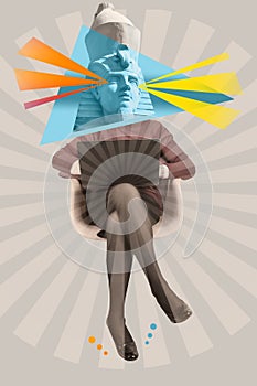 Funny buisness woman with statue head sitting with laptop on color abstract background.