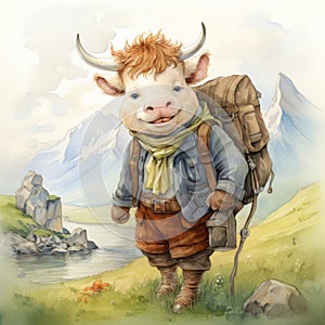 Funny Bull With Backpack: A Charming Character Illustration In Digital Painting Style
