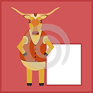 Funny bull with long horns holds a white poster for advertising. Rustic flat cartoon cow character. Longhorn in a vest