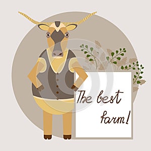 Funny bull with long horns holds a white poster for advertising. Rustic flat cartoon cow character. Longhorn in a vest. Caption: