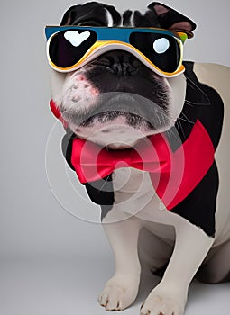 Funny bulldog dressed in studio