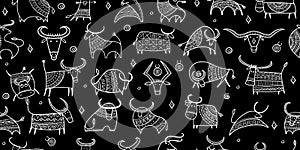 Funny bulls collection. Lunar horoscope sign. Happy new year 2021. Bull, ox, cow. Seamless pattern for your design