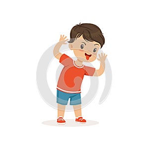 Funny bully boy grimacing, hoodlum cheerful little kid, bad child behavior vector Illustration