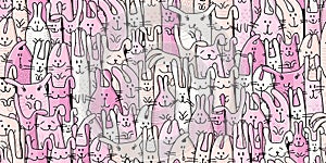 Funny Bunnies family. Seamless pattern background with Rabbits. Symbol of 2023 chineese new year. Cute characters