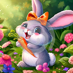 Funny bunny in the beautiful garden with beautiful flowers, holding a carrot, bigger eyes, smile and a bow on its head, softer fur