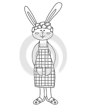 Funny bunny in cook apron and curlers coloring page. Happy rabbit chef. Cartoon cute mom rabbit. Coloring book for