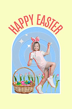 Funny bunny costume little girl win big Easter feast basket at school sport competition contest carry home her prize