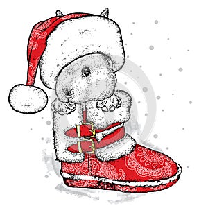 A funny bunny in a New Year`s boot and Santa`s hat. A vector illustration for a postcard or a poster, a print for clothes.