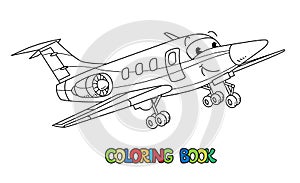 Funny business jet plane with eyes. Coloring book