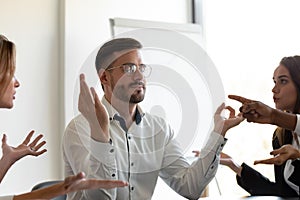 Funny business man meditate at meeting ignore annoying clients