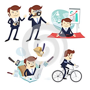 Funny business man wearing suit doing yoga, working hard, taking picture and cycling at his office workplace. Flat style, white ba