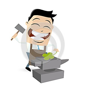 Funny businessman with anvil and four-leaf clover