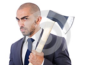 Funny businessman with axe