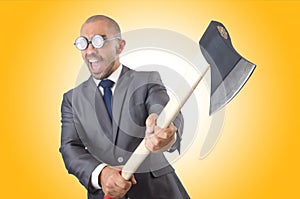 Funny businessman with axe