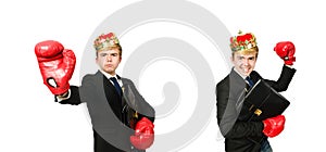 The funny businessman with crown and boxing gloves
