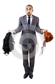 Funny businessman with female wig isolated
