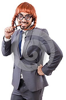 Funny businessman with female wig isolated