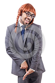 Funny businessman with female wig isolated