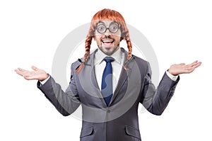 Funny businessman with female wig isolated