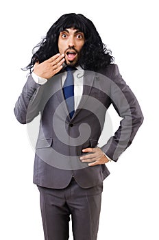 Funny businessman with female wig isolated