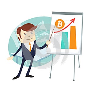 Funny businessman holding pointer flipchart growing graphic Bitcoin digital currency