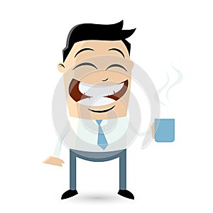 Funny businessman is holding a steaming cup of coffee