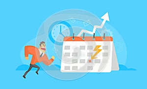 Funny Businessman Hurrying to Work at Deadline Time, Time Management, Schedule Calendar, Clock and Growth Graph Cartoon