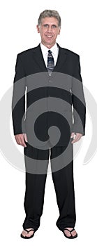 Funny Businessman Wear Suit, Tie, Flip Flops, Isolated