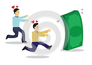 Funny businessmen chasing over dollars. Concept of brainless wealth chasing or greed photo