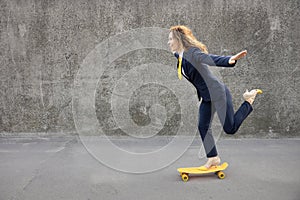 Funny businesswoman going to work outdoor