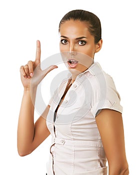 Funny businesswoman showing gun gesture