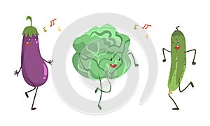 Funny Cabbage and Eggplant Character Dancing Moving Hand and Legs Vector Set